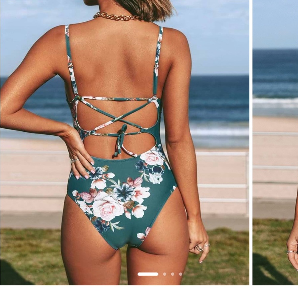 Cupshe Green Floral One Piece Swimsuit with Plunging Neckline - Picture 2 of 5